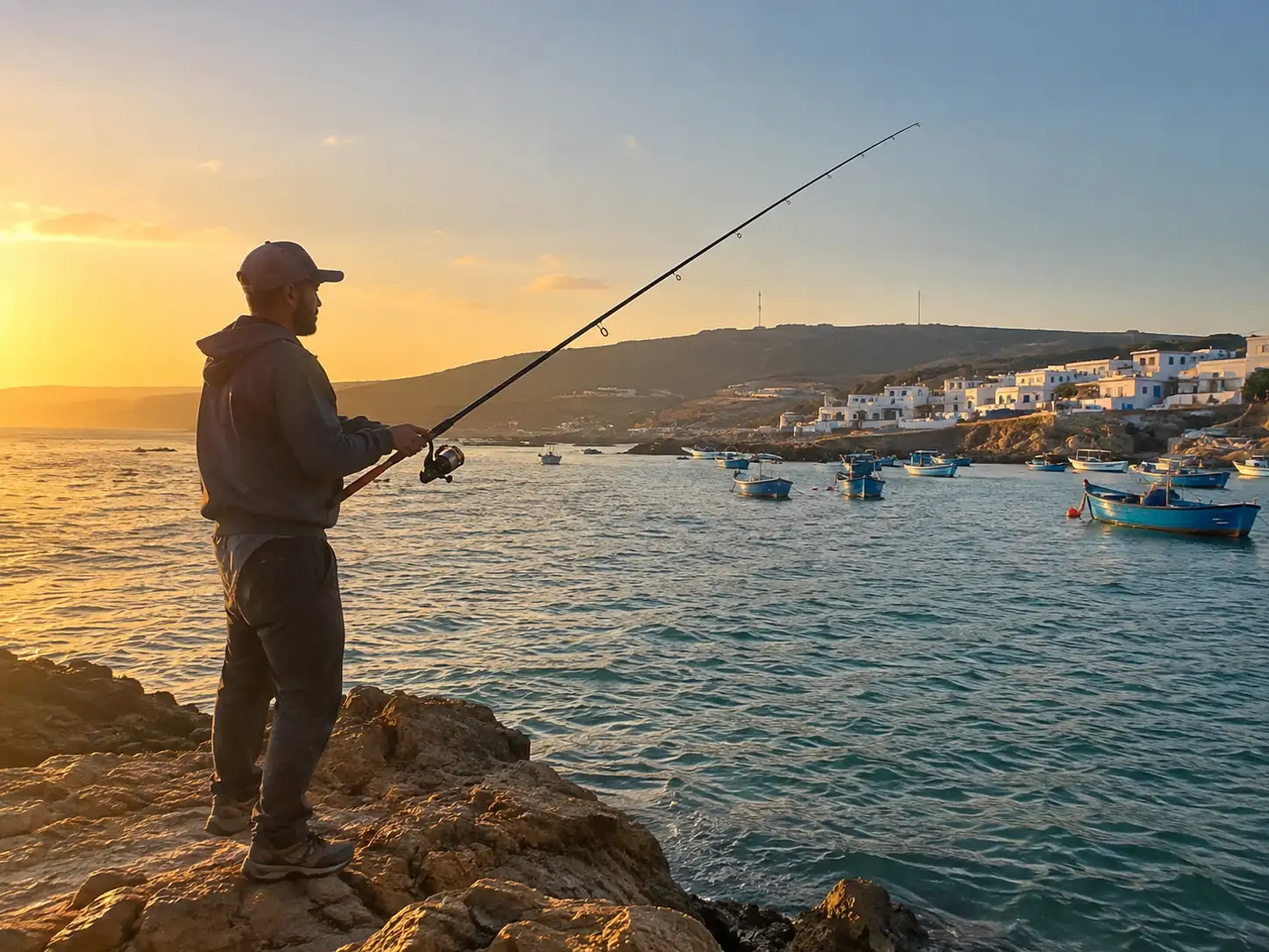 Fisherman and fishing boats near Tamri, Morocco